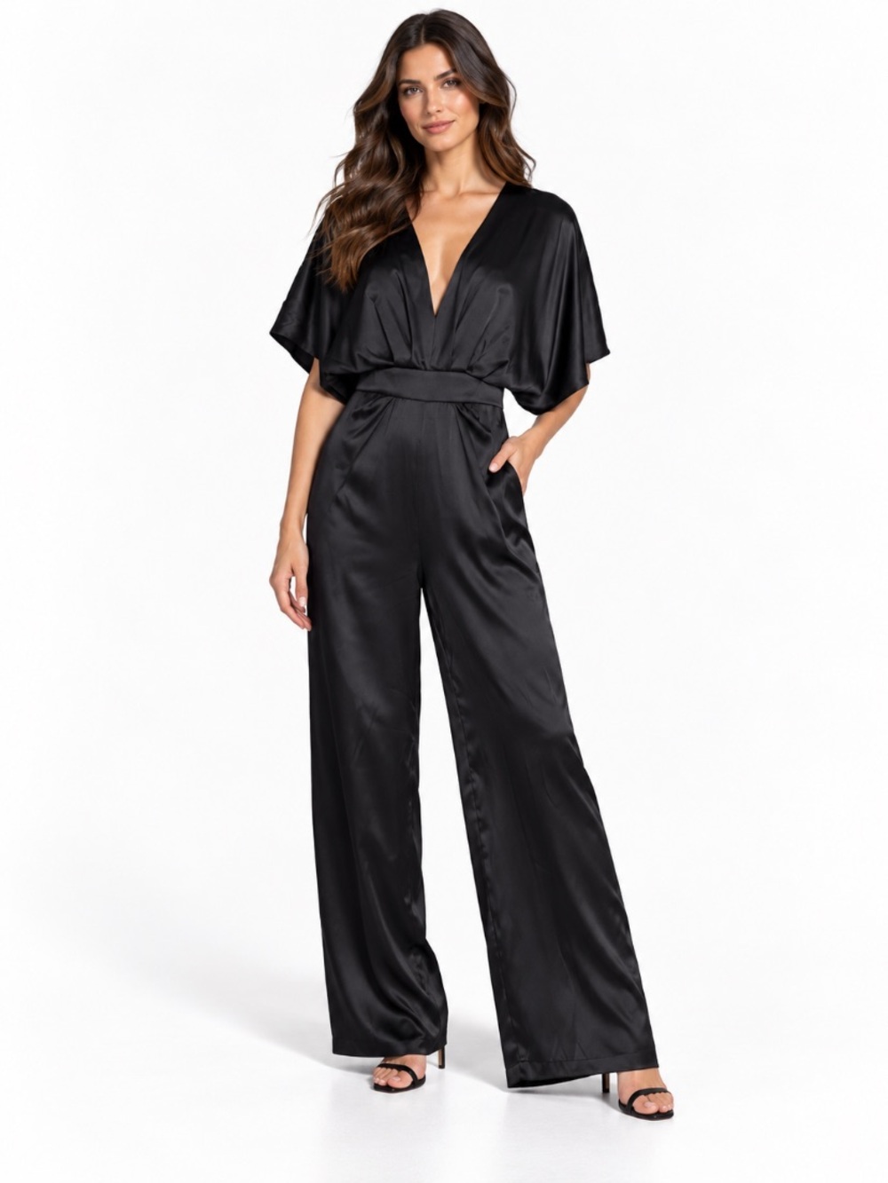 Bebe Black Satin Romantic V-Neck Wide Leg Evening Holiday Party Jumpsuit Size 8